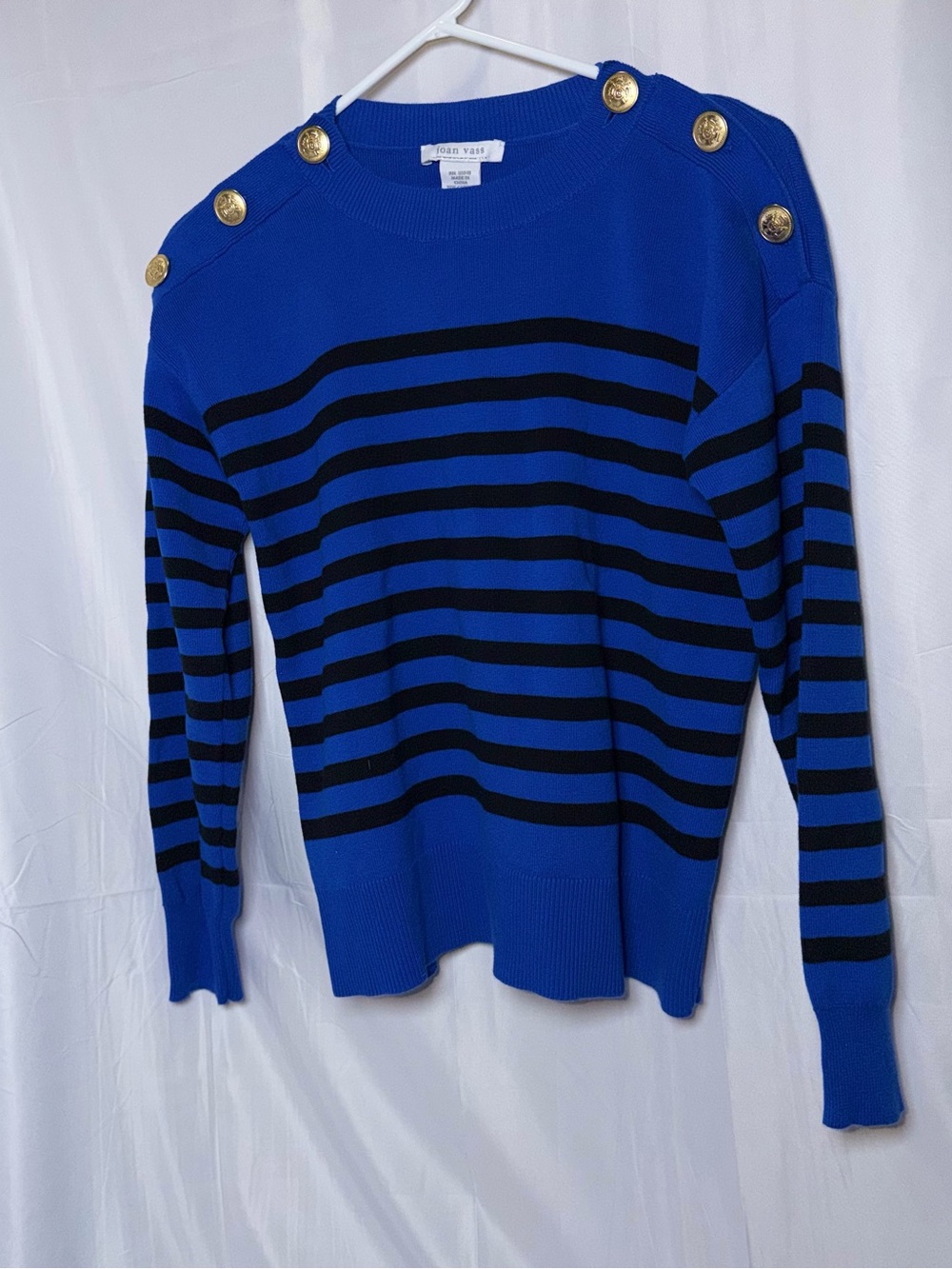 Joan Vass Royal Blue and Black Striped Crewneck Sweater with Gold Buttons